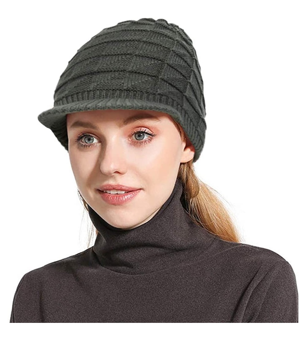 Skullies & Beanies Womens Winter Warm Ribbed Beanie Hat with Brim- Girls Knit Visor Pom Pom Ski Cap - 3 - CT192O23RQ8 $15.07