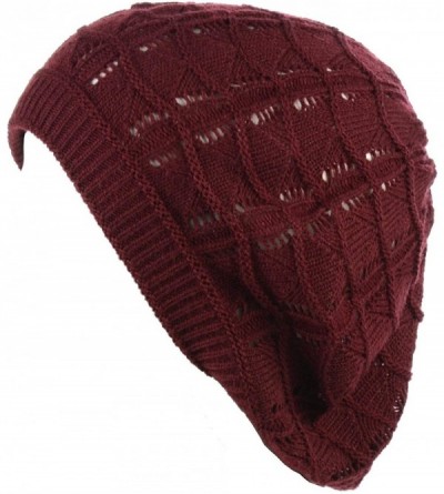 Berets Chic Soft Knit Airy Cutout Lightweight Slouchy Crochet Beret Beanie Hat - Burgundy Wavy Stripe - CD18L3SIYET $25.89