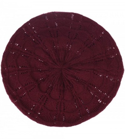 Berets Chic Soft Knit Airy Cutout Lightweight Slouchy Crochet Beret Beanie Hat - Burgundy Wavy Stripe - CD18L3SIYET $10.93