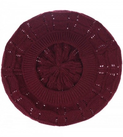 Berets Chic Soft Knit Airy Cutout Lightweight Slouchy Crochet Beret Beanie Hat - Burgundy Wavy Stripe - CD18L3SIYET $10.93