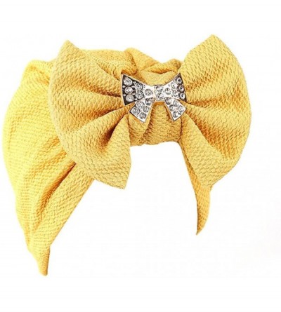 Skullies & Beanies Women Solid Bow Pre Tied Cancer Chemo Hat Beanie Turban Stretch Head Wrap Cap - Yellow - CQ185ZZQ5MH $9.18