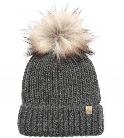 Skullies & Beanies Women's Winter Solid Ribbed Knitted Beanie Hat with Faux Fur Pom Pom - Charcoal - CH18W8I8YHM $9.63