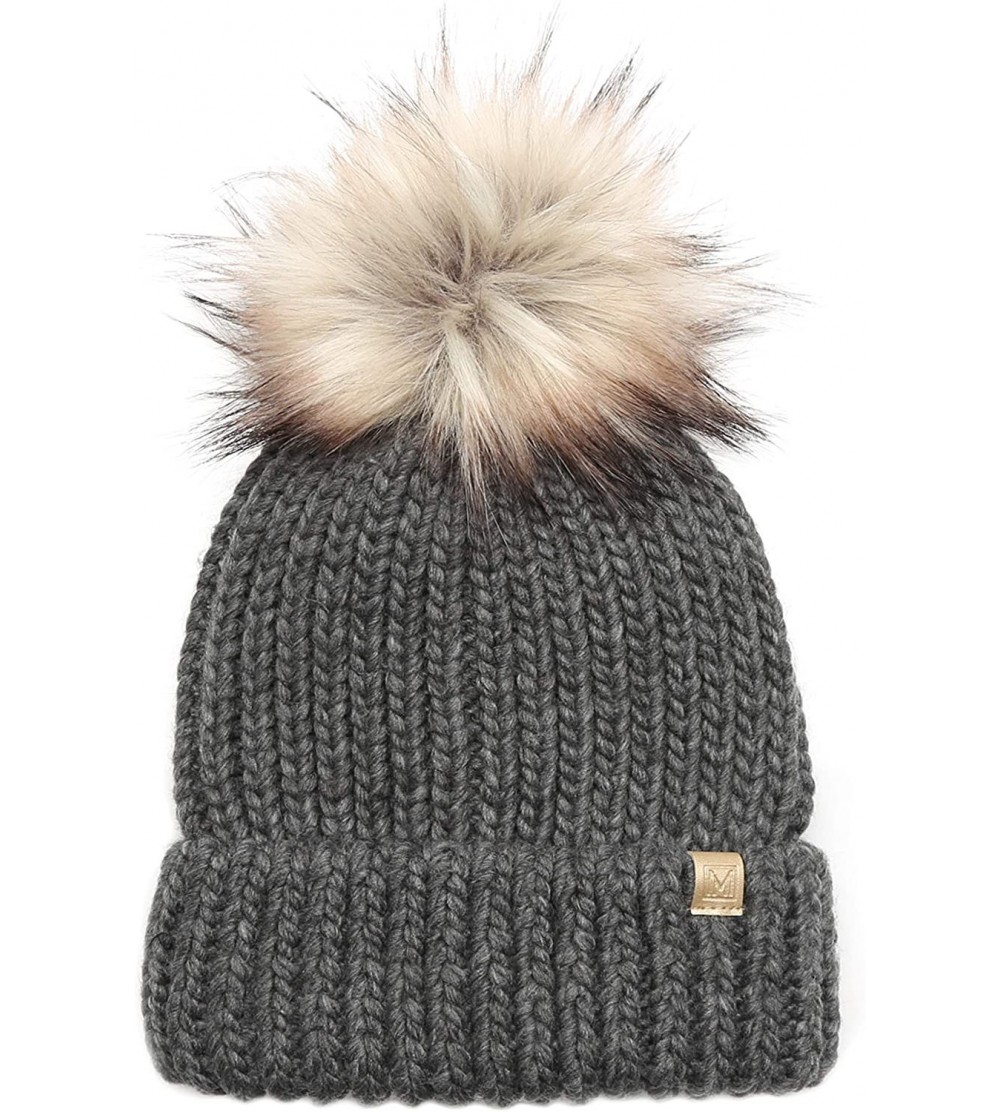 Skullies & Beanies Women's Winter Solid Ribbed Knitted Beanie Hat with Faux Fur Pom Pom - Charcoal - CH18W8I8YHM $9.63