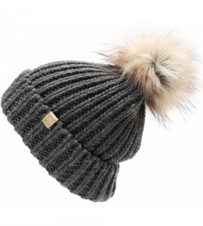 Skullies & Beanies Women's Winter Solid Ribbed Knitted Beanie Hat with Faux Fur Pom Pom - Charcoal - CH18W8I8YHM $9.63