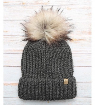 Skullies & Beanies Women's Winter Solid Ribbed Knitted Beanie Hat with Faux Fur Pom Pom - Charcoal - CH18W8I8YHM $9.63