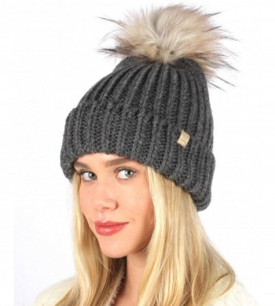 Skullies & Beanies Women's Winter Solid Ribbed Knitted Beanie Hat with Faux Fur Pom Pom - Charcoal - CH18W8I8YHM $9.63