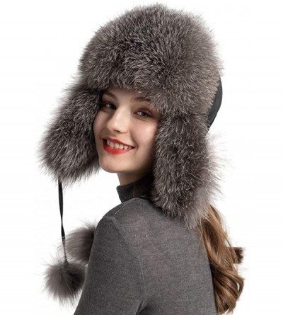 Skullies & Beanies Winter Real Fur Bomber Hat - Women's Snow Skiing Caps Ushanka Trapper Beanie Earflap Russian - Silver Fox ...