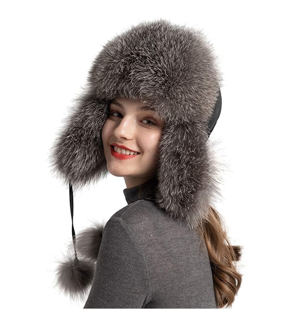 Skullies & Beanies Winter Real Fur Bomber Hat - Women's Snow Skiing Caps Ushanka Trapper Beanie Earflap Russian - Silver Fox ...