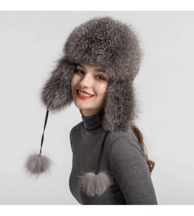 Skullies & Beanies Winter Real Fur Bomber Hat - Women's Snow Skiing Caps Ushanka Trapper Beanie Earflap Russian - Silver Fox ...