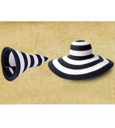 Sun Hats Womens Foldable Wide Brim Roll-up Straw Hat Beach Big Sun Cap UPF 50 - Black White Stripes - CN18D83K0CS $18.91