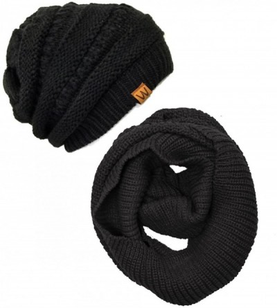 Skullies & Beanies Winter Warm Knitted Infinity Scarf and Beanie Hat - Black_1 - CH18ZTXWXQG $16.39