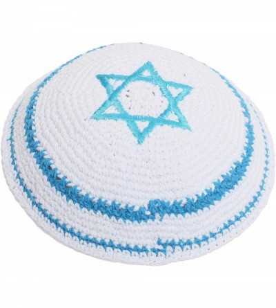 Skullies & Beanies Star of David Jewish KippahHatFor Men & Kids with Clip Beautifully Knitted - Light Blue With Line - C518QZ...