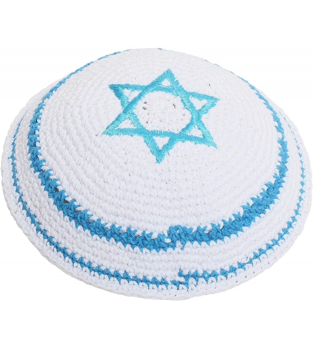 Skullies & Beanies Star of David Jewish KippahHatFor Men & Kids with Clip Beautifully Knitted - Light Blue With Line - C518QZ...