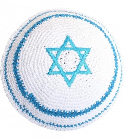 Skullies & Beanies Star of David Jewish KippahHatFor Men & Kids with Clip Beautifully Knitted - Light Blue With Line - C518QZ...