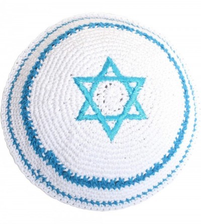 Skullies & Beanies Star of David Jewish KippahHatFor Men & Kids with Clip Beautifully Knitted - Light Blue With Line - C518QZ...