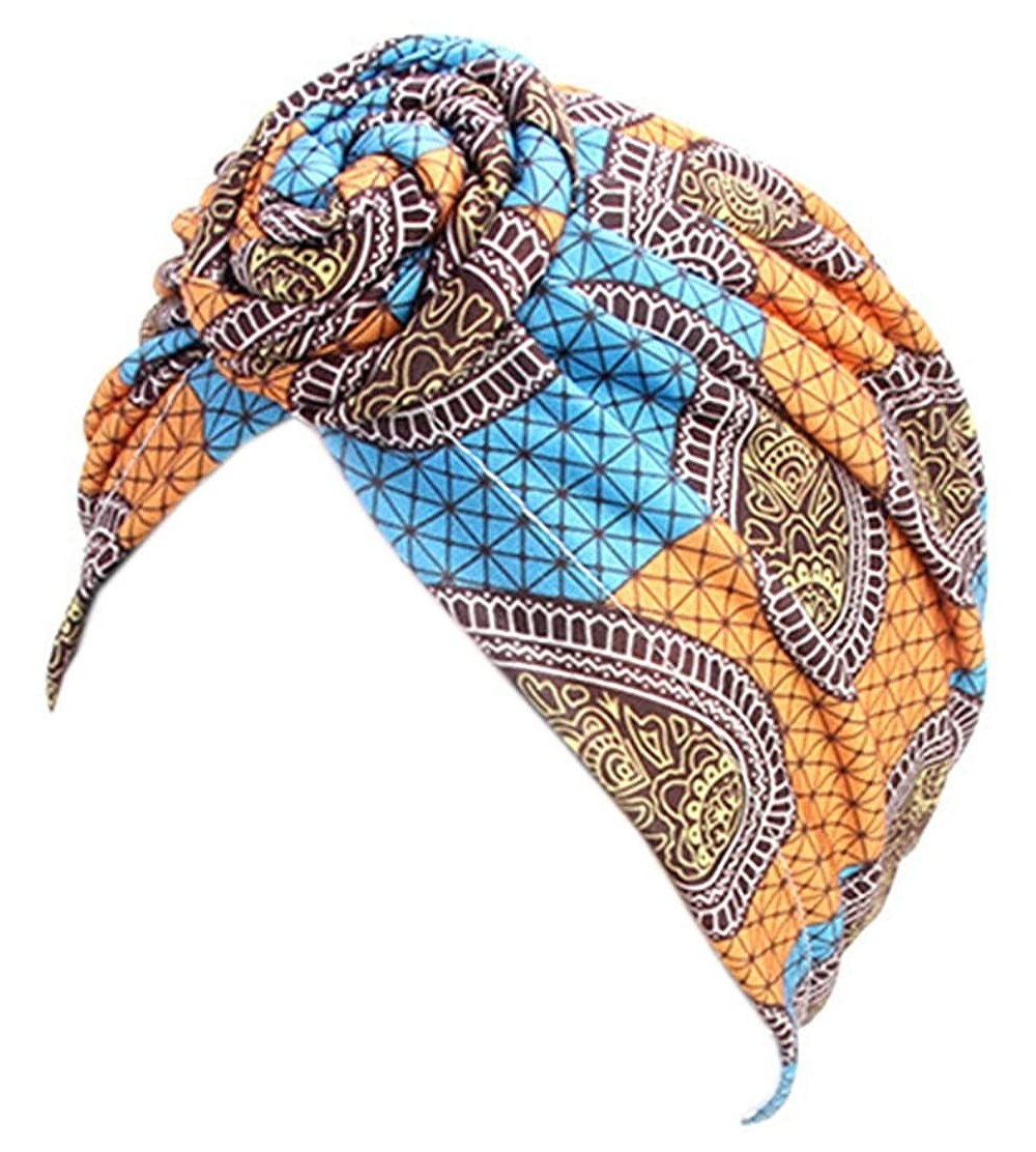 Skullies & Beanies Women Pleated Twist Turban African Printing India Chemo Cap Hairwrap Headwear - Orange&blue - CP18RQ6AGAG ...