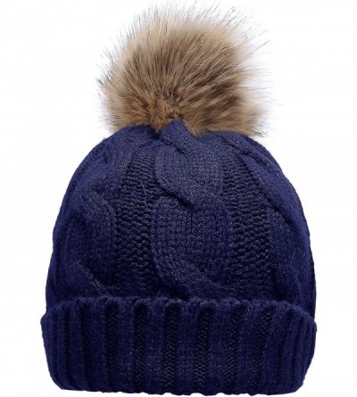 Skullies & Beanies Women's Winter Ribbed Knit Faux Fur Pompoms Chunky Lined Beanie Hats - A Twist Navy Blue - CW184RQC7Y7 $9.44