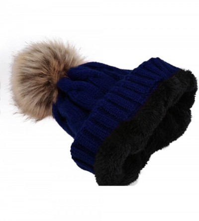 Skullies & Beanies Women's Winter Ribbed Knit Faux Fur Pompoms Chunky Lined Beanie Hats - A Twist Navy Blue - CW184RQC7Y7 $9.44