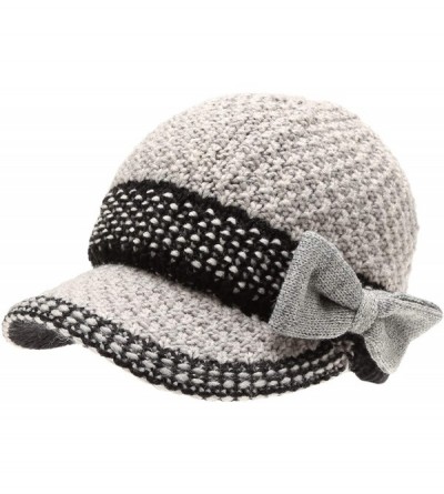 Skullies & Beanies Women's Knitted Newsboy Hat Double Layer Visor Beanie Cap with Soft Warm Fleece Lining - Bow - Grey - CR18...