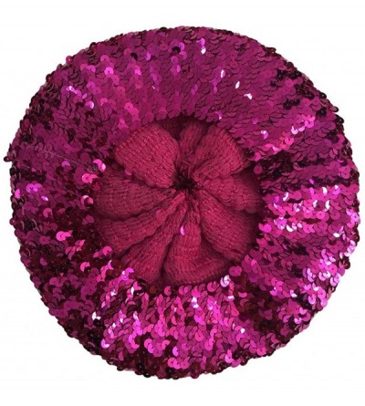 Berets Sparkle Sequine Adjustable Beanie Beret Hat Performance Cap - Dark Pink - CF11XEUO2WH $10.09