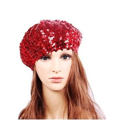 Berets Sparkle Sequine Adjustable Beanie Beret Hat Performance Cap - Dark Pink - CF11XEUO2WH $10.09