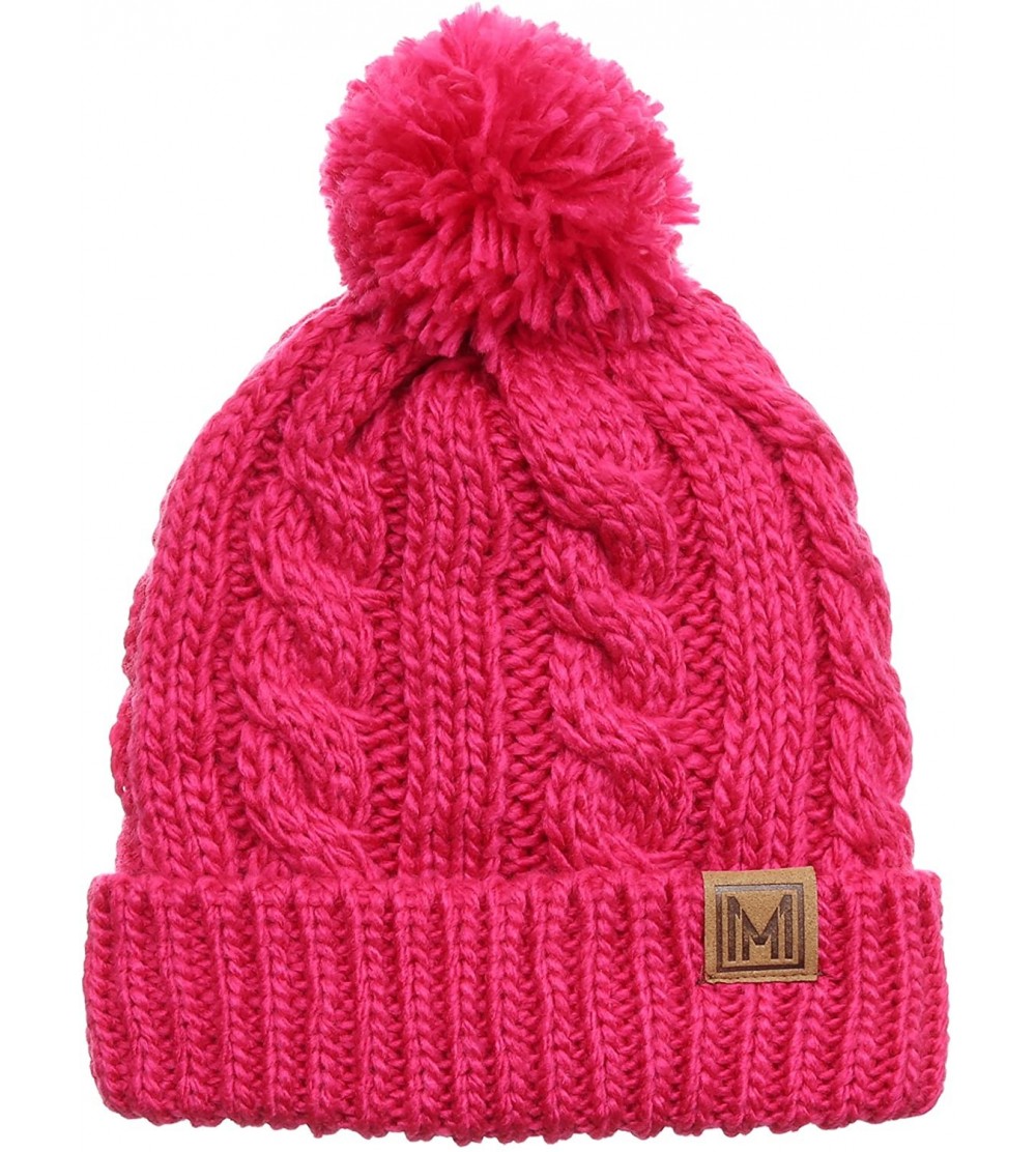 Skullies & Beanies Winter Oversized Cable Knitted Pom Pom Beanie Hat with Fleece Lining. - Hot Pink - C4186MS4L30 $13.46