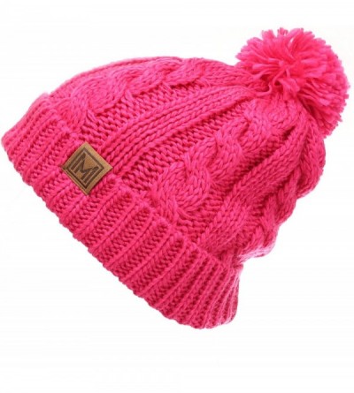 Skullies & Beanies Winter Oversized Cable Knitted Pom Pom Beanie Hat with Fleece Lining. - Hot Pink - C4186MS4L30 $13.46