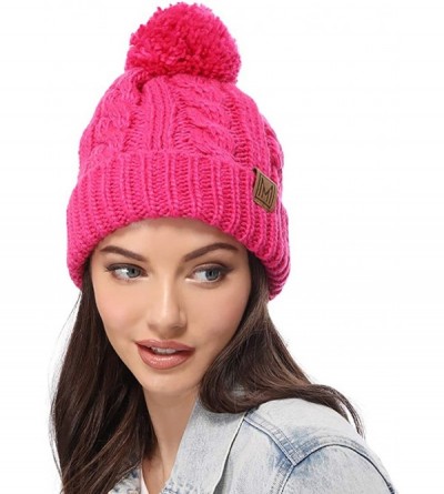 Skullies & Beanies Winter Oversized Cable Knitted Pom Pom Beanie Hat with Fleece Lining. - Hot Pink - C4186MS4L30 $13.46