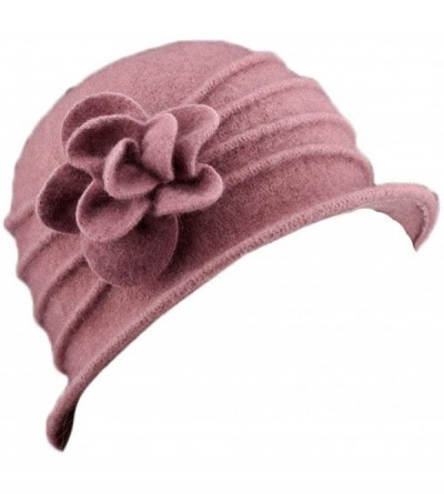 Skullies & Beanies Women 100% Wool Felt Round Top Cloche Hat Fedoras Trilby with Bow Flower - A4 Pink - CF185AO7SSG $16.04