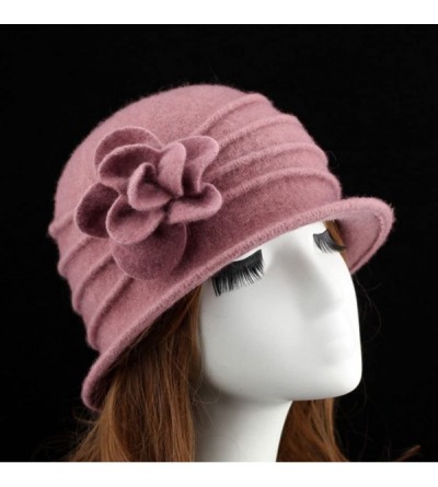 Skullies & Beanies Women 100% Wool Felt Round Top Cloche Hat Fedoras Trilby with Bow Flower - A4 Pink - CF185AO7SSG $16.04