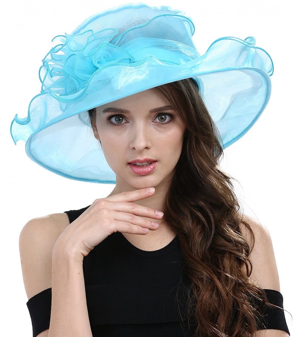 Sun Hats Women's Kentucky Derby Organza Hat Church Dress Wide Brim Hat - Cyan - CJ126VOOKGZ $11.14