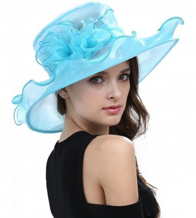 Sun Hats Women's Kentucky Derby Organza Hat Church Dress Wide Brim Hat - Cyan - CJ126VOOKGZ $11.14