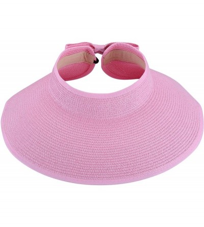Sun Hats Roll-up Straw Sun Hat- Wide Brim Packable- Foldable- Adjustable Sun Visor Cap - Pink - CB18HW5EW8W $11.07