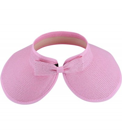 Sun Hats Roll-up Straw Sun Hat- Wide Brim Packable- Foldable- Adjustable Sun Visor Cap - Pink - CB18HW5EW8W $11.07