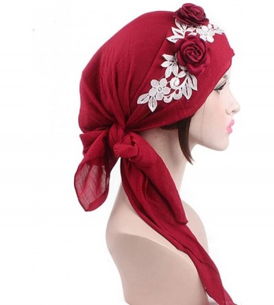 Skullies & Beanies Turban Caps Chemo Headwear Scarf Long Hair Stereo Flower Turban Scarf Cancer Hat for Women's - Wine - CW18...