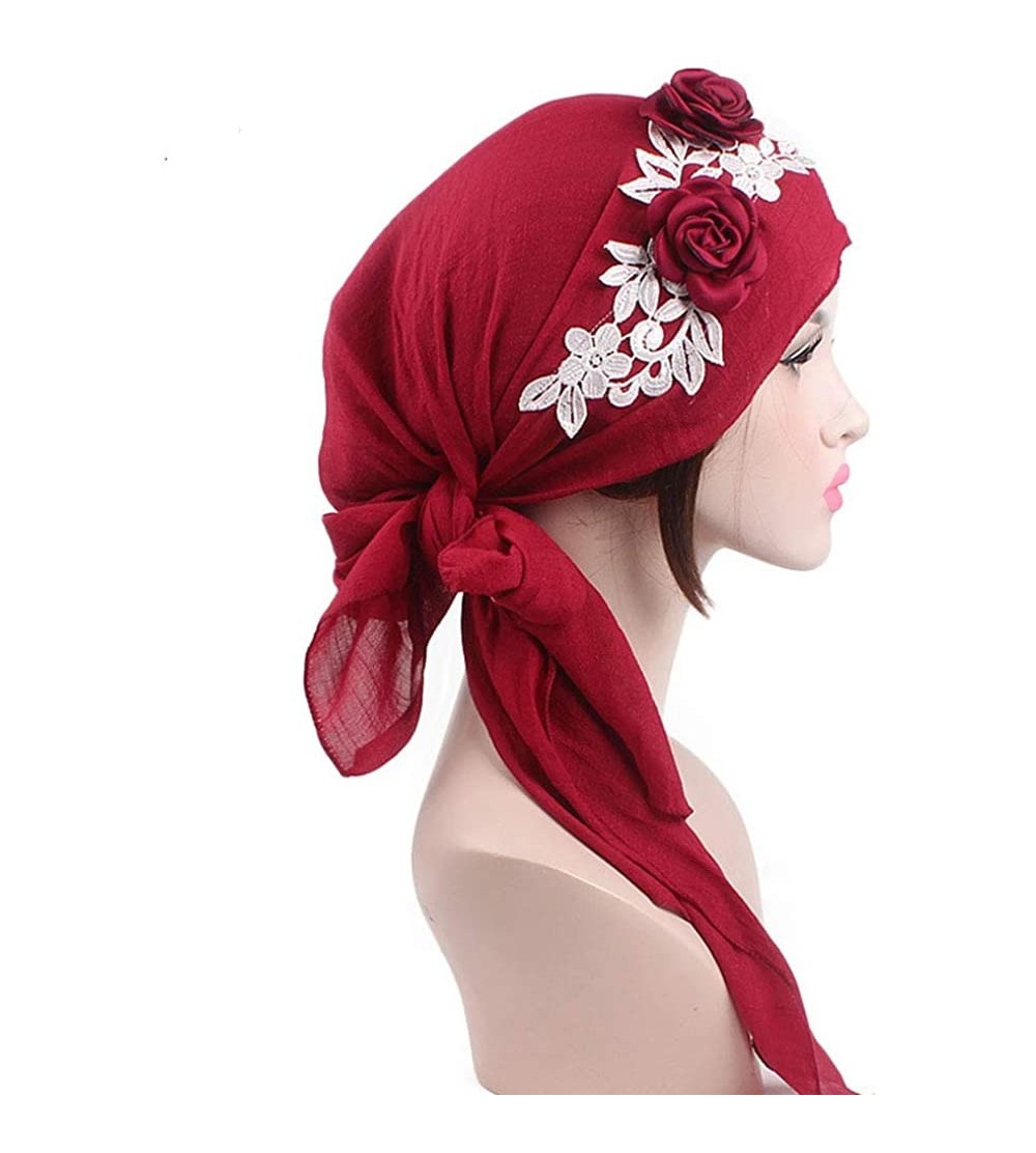 Skullies & Beanies Turban Caps Chemo Headwear Scarf Long Hair Stereo Flower Turban Scarf Cancer Hat for Women's - Wine - CW18...