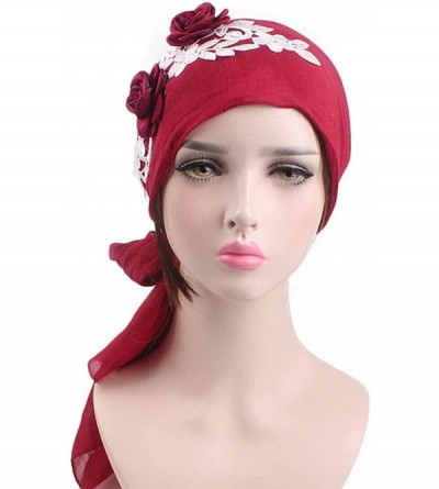 Skullies & Beanies Turban Caps Chemo Headwear Scarf Long Hair Stereo Flower Turban Scarf Cancer Hat for Women's - Wine - CW18...