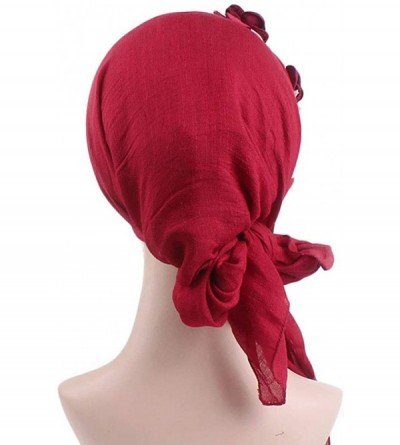 Skullies & Beanies Turban Caps Chemo Headwear Scarf Long Hair Stereo Flower Turban Scarf Cancer Hat for Women's - Wine - CW18...