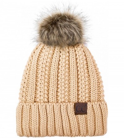 Skullies & Beanies Exclusives Fuzzy Lined Knit Fur Pom Beanie Hat (YJ-820) - New Beige - C918YRKSU25 $19.38