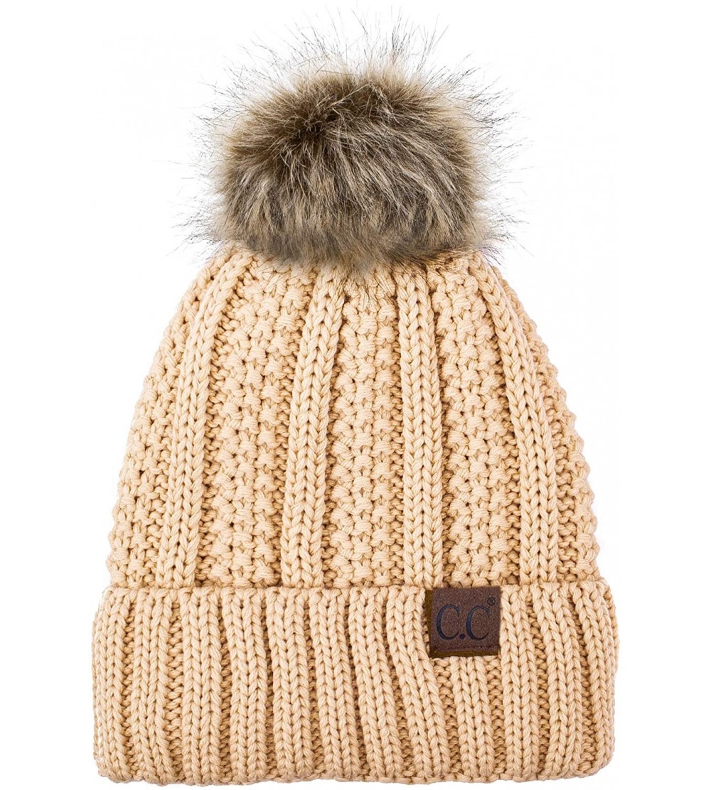 Skullies & Beanies Exclusives Fuzzy Lined Knit Fur Pom Beanie Hat (YJ-820) - New Beige - C918YRKSU25 $19.38