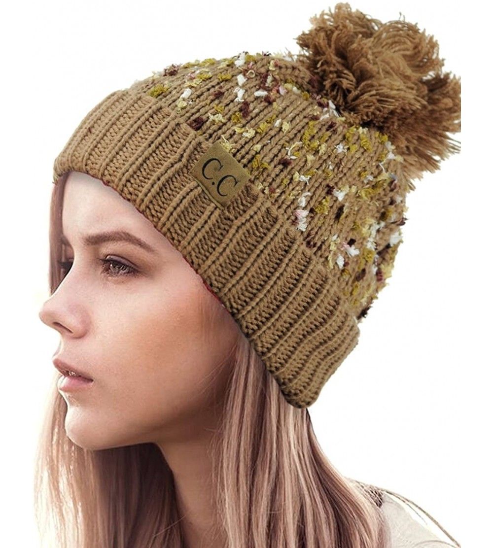 Skullies & Beanies Exclusive Winter Top Pom Pom Knit Confetti Cuff Beanie Hat - Camel - C61274IMTP1 $7.80