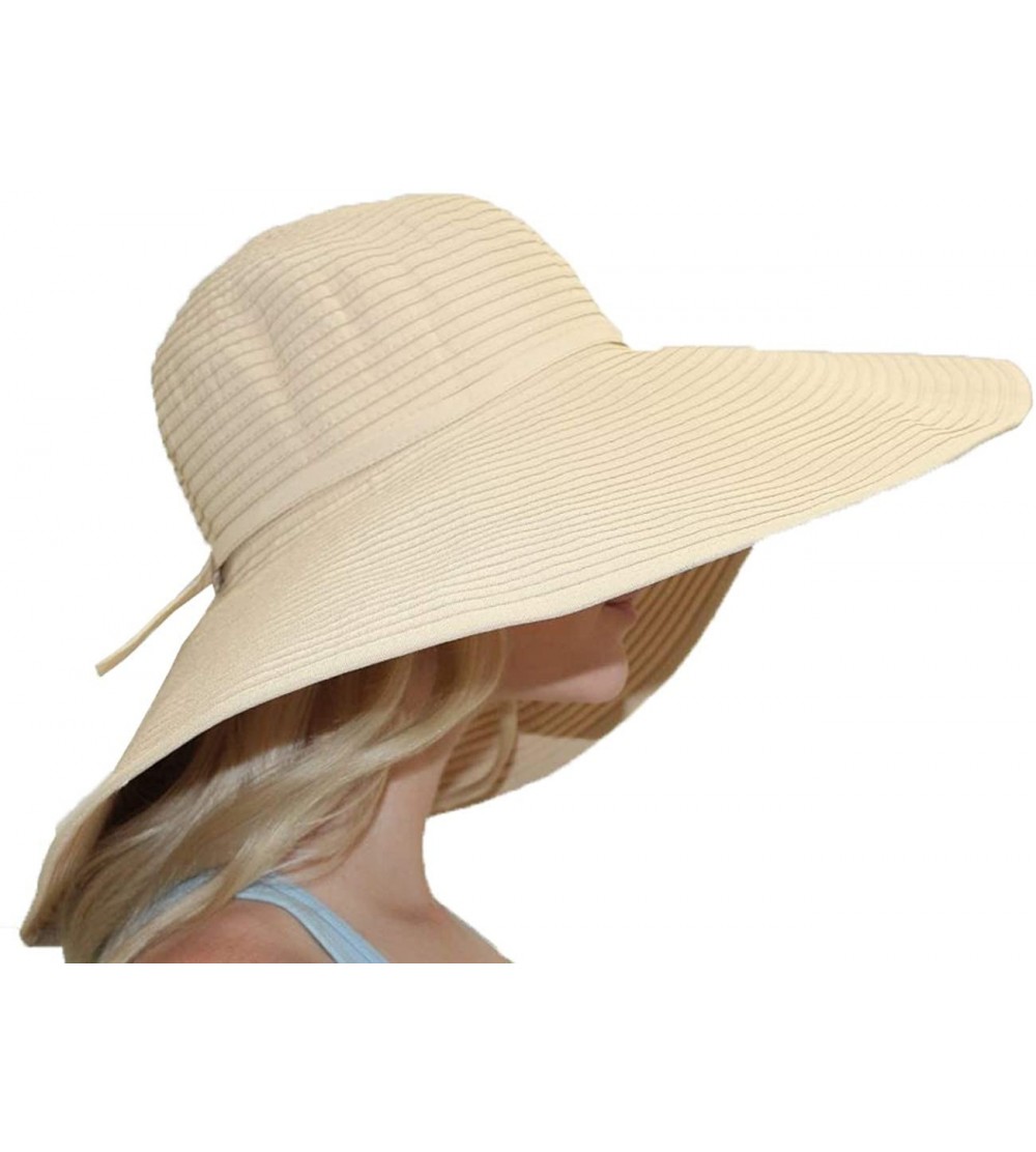 Sun Hats Ribbon Braid Floppy Hat for Women 7-Inch Wide Brim Large Sun Hat Women Packable Beach Hat - Beige - C518EMQ2A0S $37.86