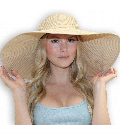Sun Hats Ribbon Braid Floppy Hat for Women 7-Inch Wide Brim Large Sun Hat Women Packable Beach Hat - Beige - C518EMQ2A0S $37.86