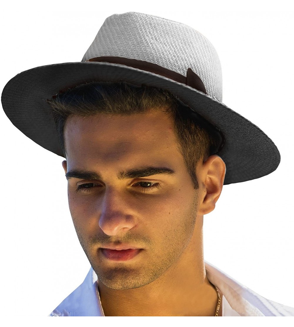 Fedoras Men's Summer Straw Fedora Hat Panama Wide Brim Hat - White - CG18E7YTXUS $19.73