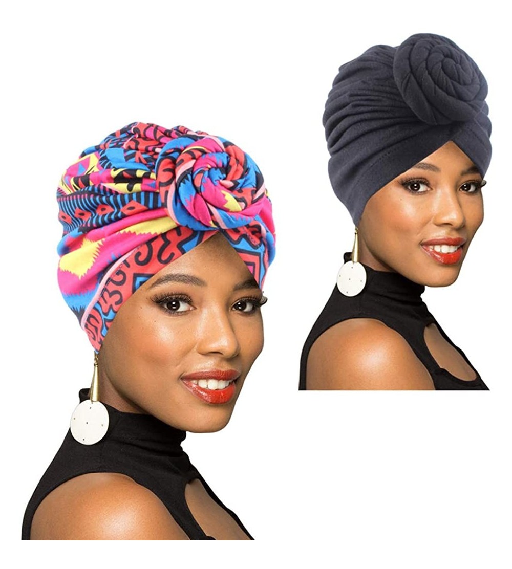 Skullies & Beanies 1Pack/2Packs/4Packs Women Turban African Pattern Knot Headwrap Beanie Pre-Tied Bonnet Chemo Cap Hair Loss ...