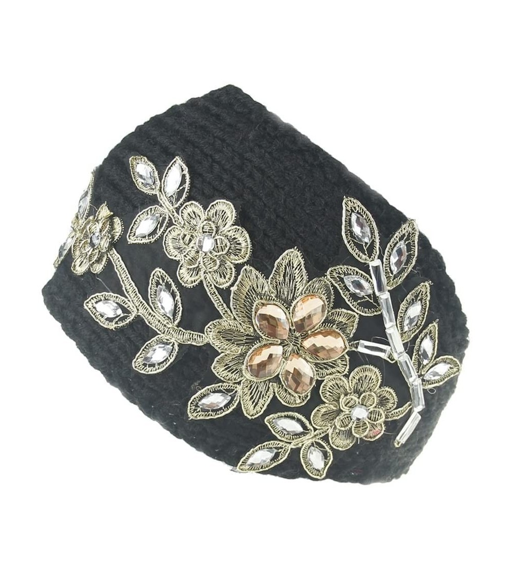 Cold Weather Headbands Women Winter Rhinestone Flower Crochet Headband Knit Hair Band Ear Warmer Turban Headwrap Black - Blac...