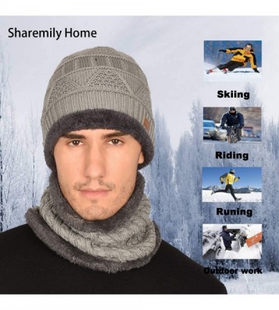 Skullies & Beanies 2-Pieces Winter Beanie Hat Scarf Set Warm Hat Thick Knit Skull Cap Fleece Lined for Men Women - Grey - CS1...
