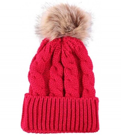 Skullies & Beanies Women Teen Girls Pom Pom Slouchy Thick Skull Cap Knit Hat Winter Warm Beanie - Red - C8188NAWDG8 $9.02