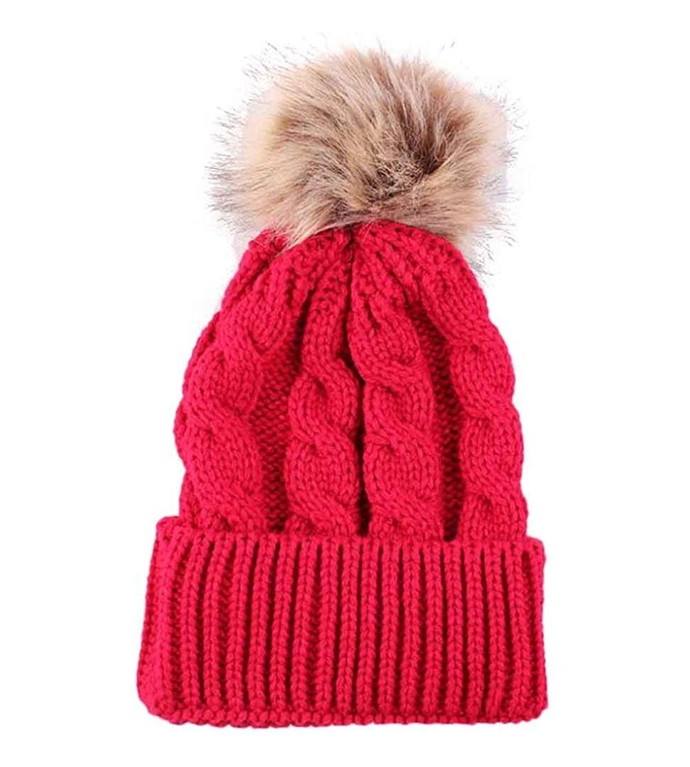 Skullies & Beanies Women Teen Girls Pom Pom Slouchy Thick Skull Cap Knit Hat Winter Warm Beanie - Red - C8188NAWDG8 $9.02