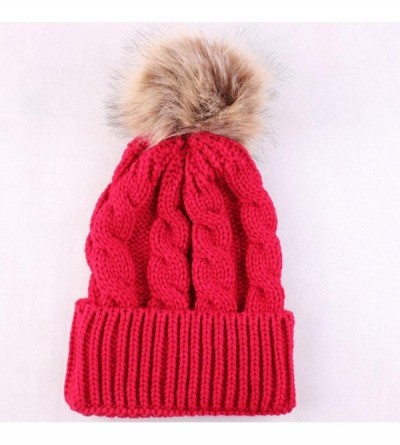 Skullies & Beanies Women Teen Girls Pom Pom Slouchy Thick Skull Cap Knit Hat Winter Warm Beanie - Red - C8188NAWDG8 $9.02